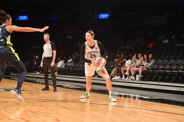 Kylee Shook of the New York Liberty handles the ball against the Dallas Wings on July 5, 2021 at the Barclays Center in Brooklyn, New York. NOTE TO...