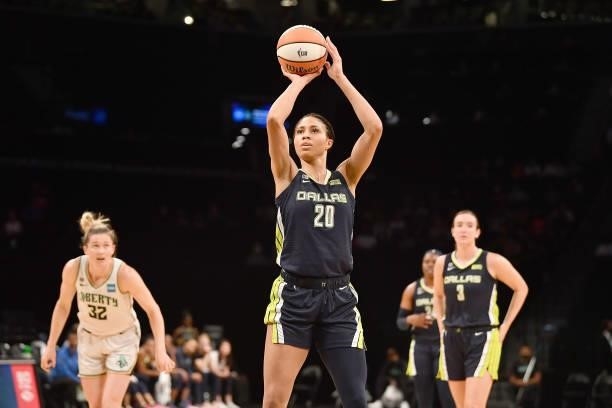 Isabelle Harrison of the Dallas Wings shoots a free throw against the New York Liberty on July 5, 2021 at the Barclays Center in Brooklyn, New York....