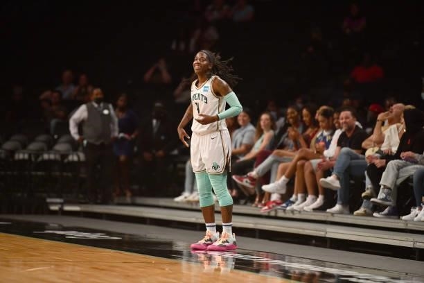 Jazmine Jones of the New York Liberty smiles during the game against the Dallas Wings on July 5, 2021 at the Barclays Center in Brooklyn, New York....