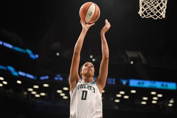 Leaonna Odom of the New York Liberty shoots the ball against the Dallas Wings on July 5, 2021 at the Barclays Center in Brooklyn, New York. NOTE TO...