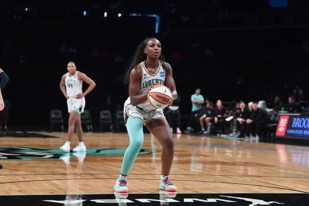 Michaela Onyenwere of the New York Liberty shoots a free throw against the Dallas Wings on July 5, 2021 at the Barclays Center in Brooklyn, New York....