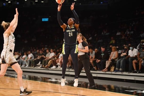 Arike Ogunbowale of the Dallas Wings shoots the ball against the New York Liberty on July 5, 2021 at the Barclays Center in Brooklyn, New York. NOTE...