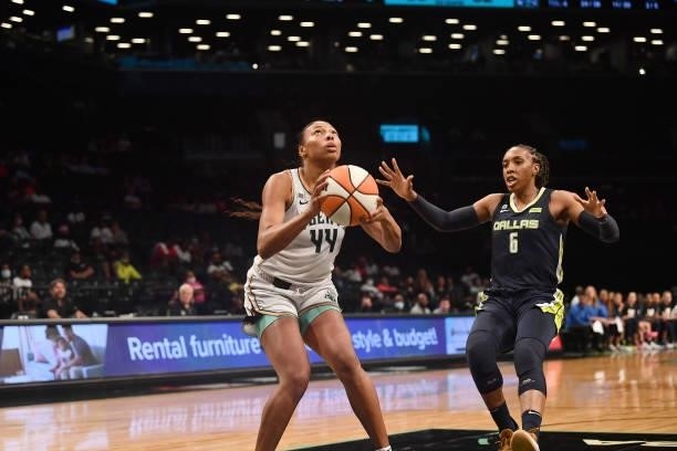 Betnijah Laney of the New York Liberty looks to shoot the ball against the Dallas Wings on July 5, 2021 at the Barclays Center in Brooklyn, New York....