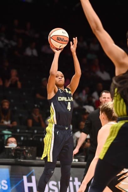 Moriah Jefferson of the Dallas Wings shoots the ball against the New York Liberty on July 5, 2021 at the Barclays Center in Brooklyn, New York. NOTE...