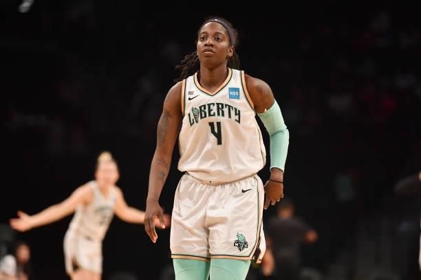 Jazmine Jones of the New York Liberty looks on during the game against the Dallas Wings on July 5, 2021 at the Barclays Center in Brooklyn, New York....