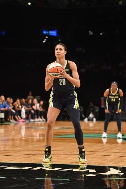 Isabelle Harrison of the Dallas Wings looks to shoot a free throw against the New York Liberty on July 5, 2021 at the Barclays Center in Brooklyn,...