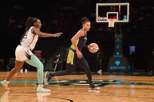 Satou Sabally of the Dallas Wings dribbles the ball against the New York Liberty on July 5, 2021 at the Barclays Center in Brooklyn, New York. NOTE...