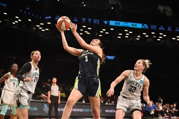 Marina Mabrey of the Dallas Wings drives to the basket against the New York Liberty on July 5, 2021 at the Barclays Center in Brooklyn, New York....