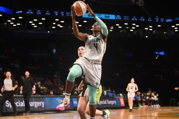 Jazmine Jones of the New York Liberty drives to the basket against the Dallas Wings on July 5, 2021 at the Barclays Center in Brooklyn, New York....
