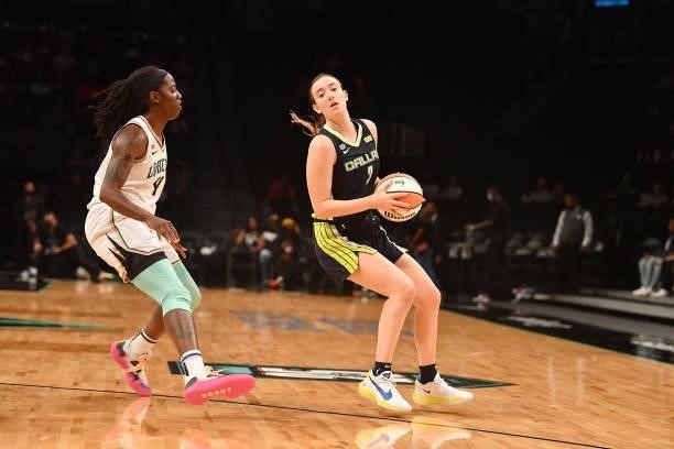 Marina Mabrey of the Dallas Wings handles the ball against the New York Liberty on July 5, 2021 at the Barclays Center in Brooklyn, New York. NOTE TO...
