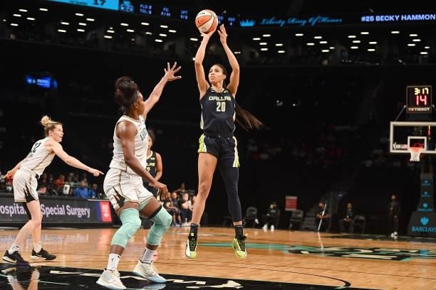 Isabelle Harrison of the Dallas Wings shoots the ball against the New York Liberty on July 5, 2021 at the Barclays Center in Brooklyn, New York. NOTE...