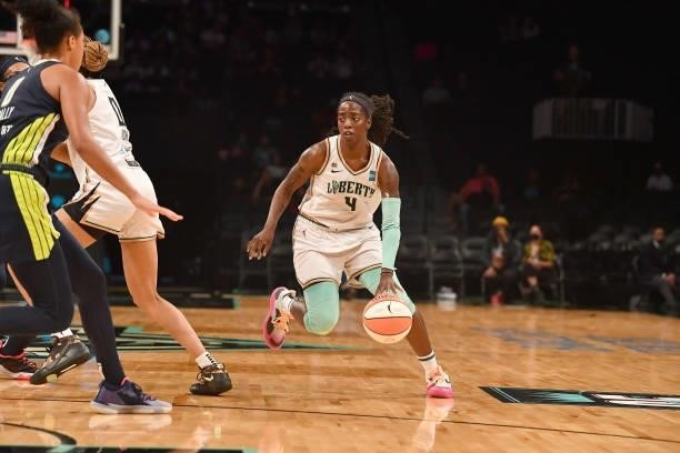Jazmine Jones of the New York Liberty dribbles the ball against the Dallas Wings on July 5, 2021 at the Barclays Center in Brooklyn, New York. NOTE...