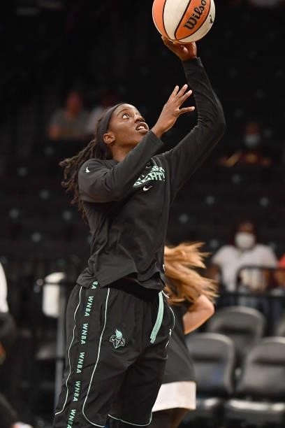 Jazmine Jones of the New York Liberty drives to the basket before the game against the Dallas Wings on July 5, 2021 at the Barclays Center in...