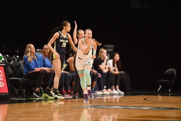 Sabrina Ionescu of the New York Liberty celebrates during the game against the Dallas Wings on July 5, 2021 at the Barclays Center in Brooklyn, New...