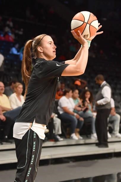 Sabrina Ionescu of the New York Liberty shoots the ball before the game against the Dallas Wings on July 5, 2021 at the Barclays Center in Brooklyn,...