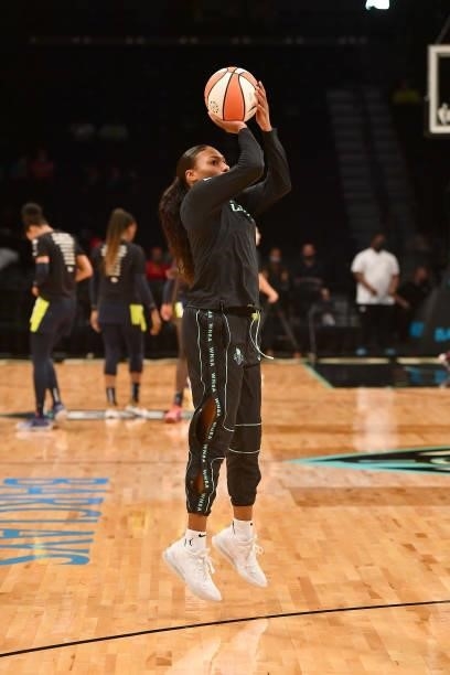 Betnijah Laney of the New York Liberty shoots the ball before the game against the Dallas Wings on July 5, 2021 at the Barclays Center in Brooklyn,...