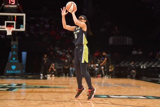 Allisha Gray of the Dallas Wings shoots the ball against the New York Liberty on July 5, 2021 at the Barclays Center in Brooklyn, New York. NOTE TO...