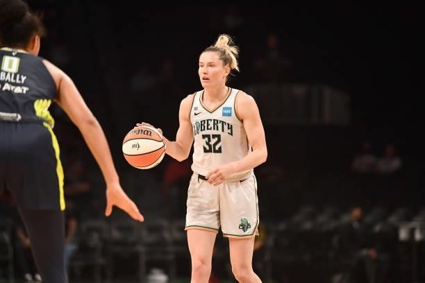 Sami Whitcomb of the New York Liberty dribbles the ball against the Dallas Wings on July 5, 2021 at the Barclays Center in Brooklyn, New York. NOTE...