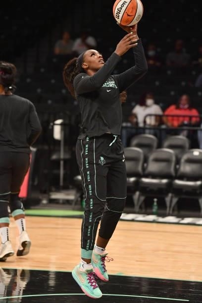 Michaela Onyenwere of the New York Liberty drives to the basket before the game against the Dallas Wings on July 5, 2021 at the Barclays Center in...