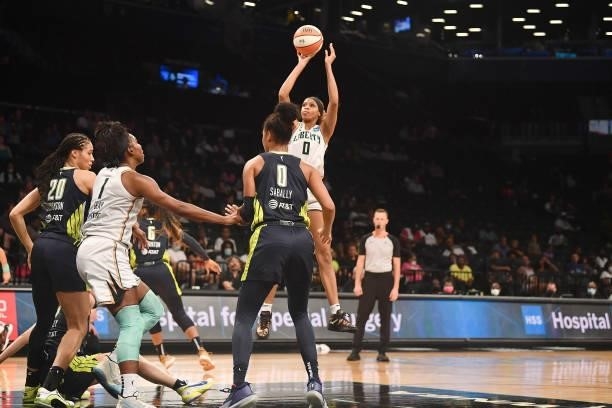 Leaonna Odom of the New York Liberty shoots the ball against the Dallas Wings on July 5, 2021 at the Barclays Center in Brooklyn, New York. NOTE TO...