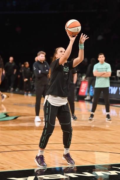 Sabrina Ionescu of the New York Liberty shoots the ball before the game against the Dallas Wings on July 5, 2021 at the Barclays Center in Brooklyn,...