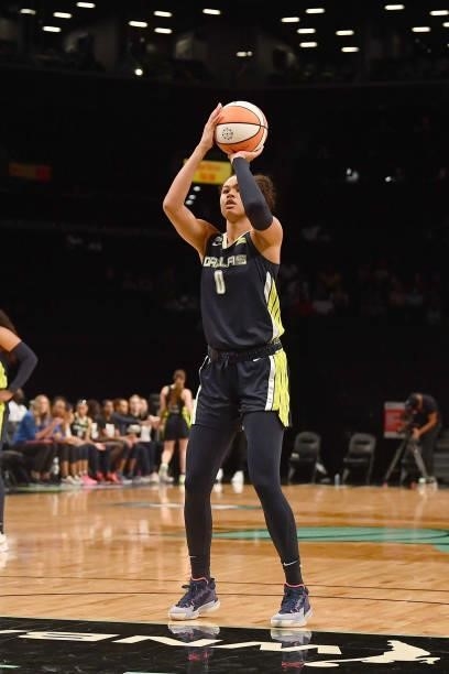 Satou Sabally of the Dallas Wings shoots a free throw against the New York Liberty on July 5, 2021 at the Barclays Center in Brooklyn, New York. NOTE...