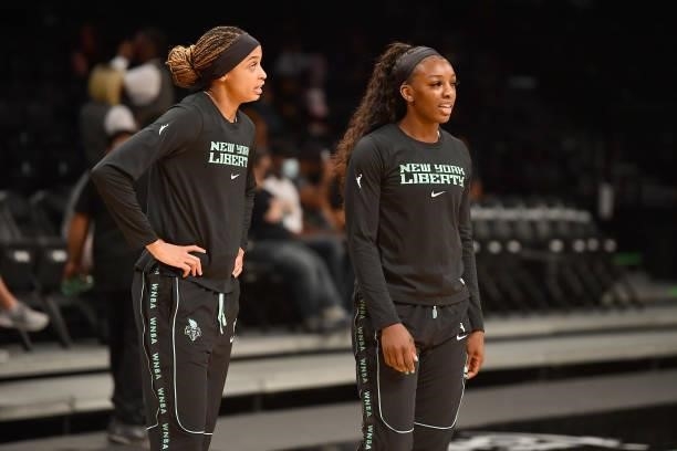 Leaonna Odom of the New York Liberty and teammate Michaela Onyenwere look on before the game against the Dallas Wings on July 5, 2021 at the Barclays...
