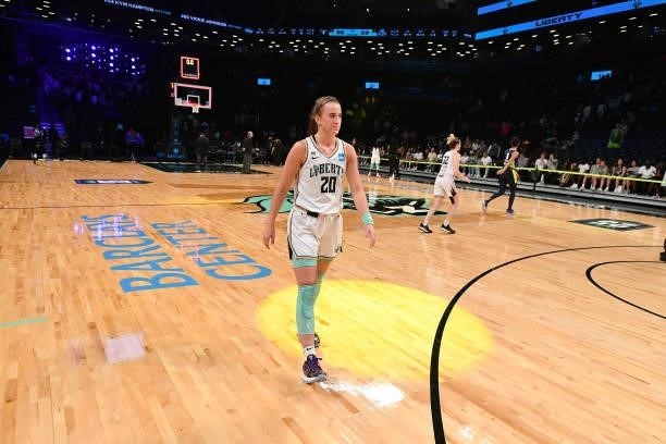Sabrina Ionescu of the New York Liberty walks down the court after the game against the Dallas Wings on July 5, 2021 at the Barclays Center in...