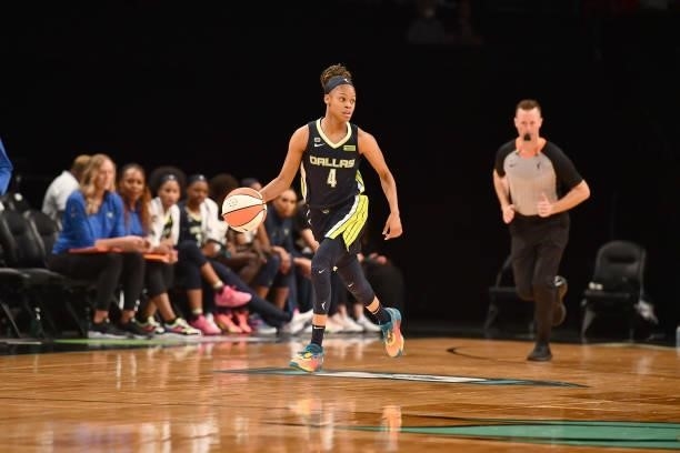 Moriah Jefferson of the Dallas Wings dribbles the ball against the New York Liberty on July 5, 2021 at the Barclays Center in Brooklyn, New York....