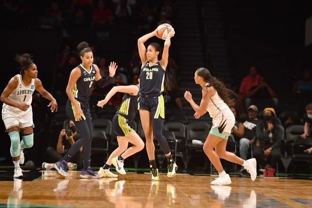 Isabelle Harrison of the Dallas Wings handles the ball against the New York Liberty on July 5, 2021 at the Barclays Center in Brooklyn, New York....