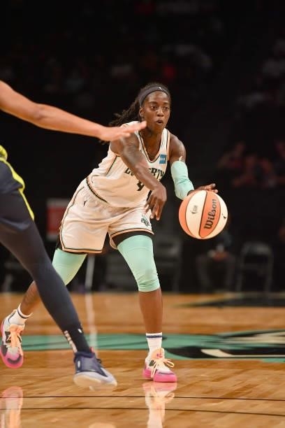 Jazmine Jones of the New York Liberty passes the ball during the game against the Dallas Wings on July 5, 2021 at the Barclays Center in Brooklyn,...