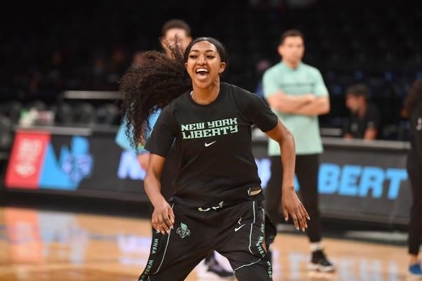 DiDi Richards of the New York Liberty smiles before the game against the Dallas Wings on July 5, 2021 at the Barclays Center in Brooklyn, New York....