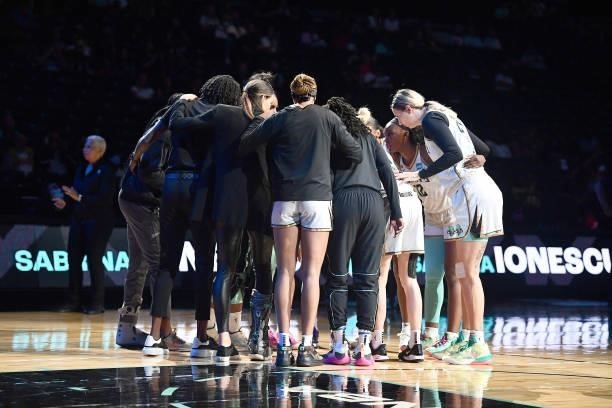 The New York Liberty huddle up before the game against the Dallas Wings on July 5, 2021 at the Barclays Center in Brooklyn, New York. NOTE TO USER:...