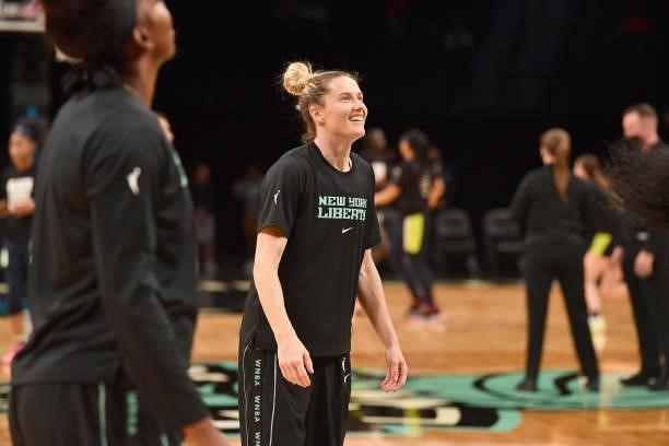 Sami Whitcomb of the New York Liberty smiles before the game against the Dallas Wings on July 5, 2021 at the Barclays Center in Brooklyn, New York....