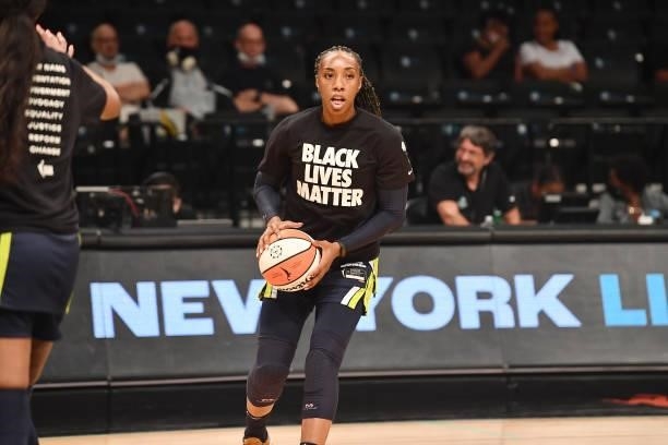Kayla Thornton of the Dallas Wings handles the ball before the game against the New York Liberty on July 5, 2021 at the Barclays Center in Brooklyn,...