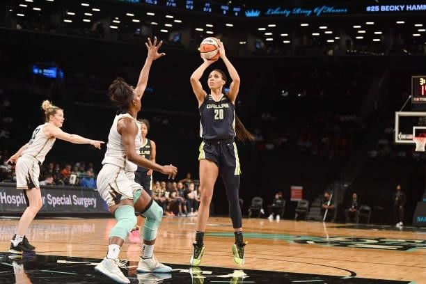 Isabelle Harrison of the Dallas Wings shoots the ball against the New York Liberty on July 5, 2021 at the Barclays Center in Brooklyn, New York. NOTE...