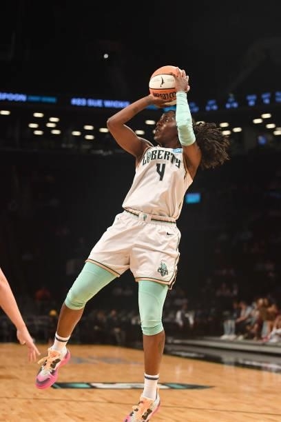 Jazmine Jones of the New York Liberty shoots the ball against the Dallas Wings on July 5, 2021 at the Barclays Center in Brooklyn, New York. NOTE TO...