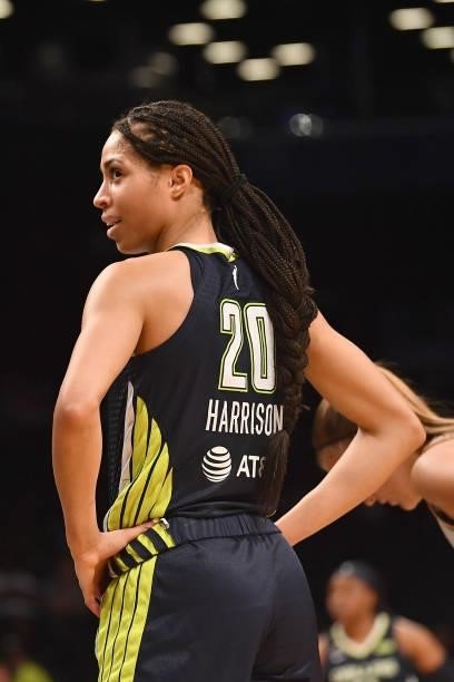 Isabelle Harrison of the Dallas Wings looks on during the game against the New York Liberty on July 5, 2021 at the Barclays Center in Brooklyn, New...