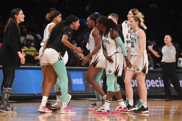 The New York Liberty celebrate after the game against the Dallas Wings on July 5, 2021 at the Barclays Center in Brooklyn, New York. NOTE TO USER:...