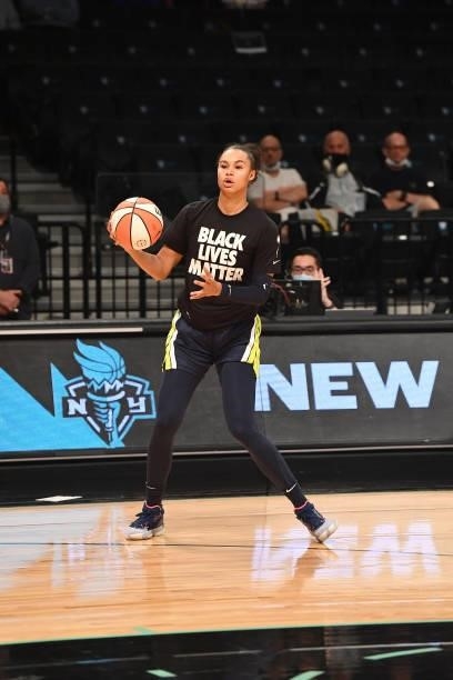 Satou Sabally of the Dallas Wings handles the ball before the game against the New York Liberty on July 5, 2021 at the Barclays Center in Brooklyn,...