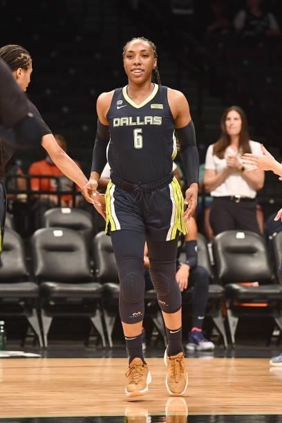 Kayla Thornton of the Dallas Wings smiles before the game against the New York Liberty on July 5, 2021 at the Barclays Center in Brooklyn, New York....