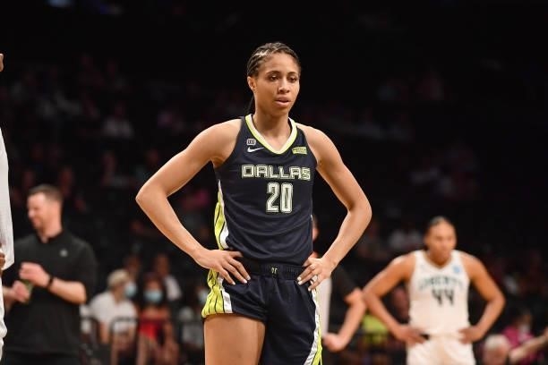 Isabelle Harrison of the Dallas Wings looks on during the game against the New York Liberty on July 5, 2021 at the Barclays Center in Brooklyn, New...