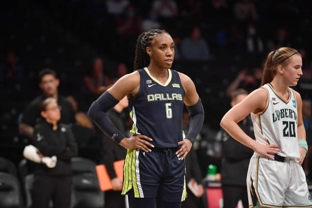 Kayla Thornton of the Dallas Wings looks on during the game against the New York Liberty on July 5, 2021 at the Barclays Center in Brooklyn, New...
