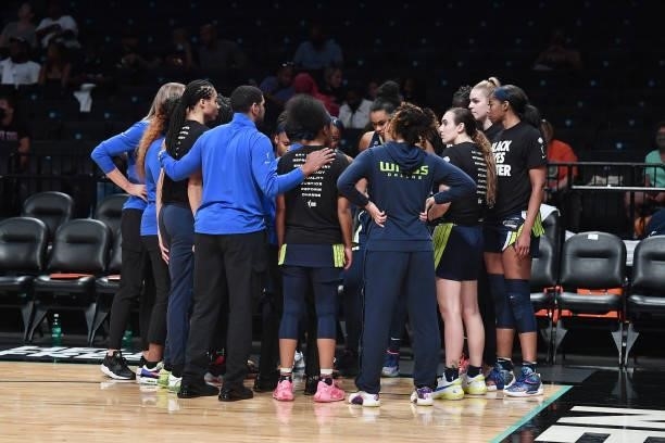 The Dallas Wings huddle up before the game against the New York Liberty on July 5, 2021 at the Barclays Center in Brooklyn, New York. NOTE TO USER:...