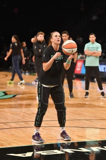 Sabrina Ionescu of the New York Liberty looks to shoot the ball before the game against the Dallas Wings on July 5, 2021 at the Barclays Center in...