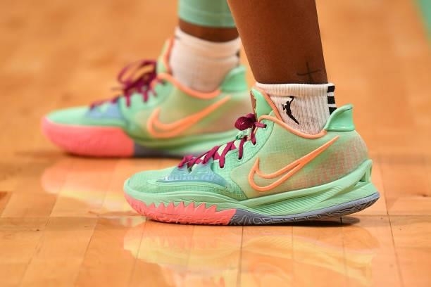 The sneakers of Michaela Onyenwere of the New York Liberty during the game against the Dallas Wings on July 5, 2021 at the Barclays Center in...