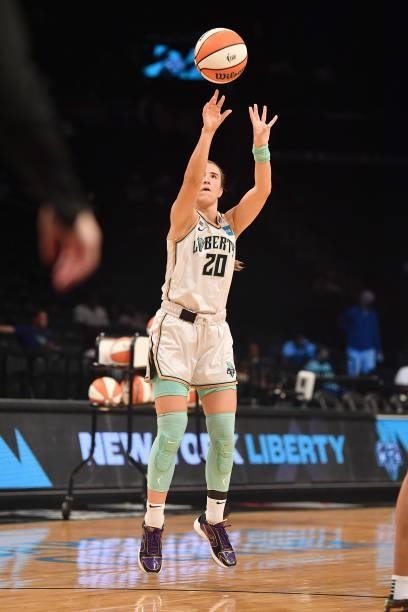 Sabrina Ionescu of the New York Liberty shoots the ball against the Dallas Wings on July 5, 2021 at the Barclays Center in Brooklyn, New York. NOTE...