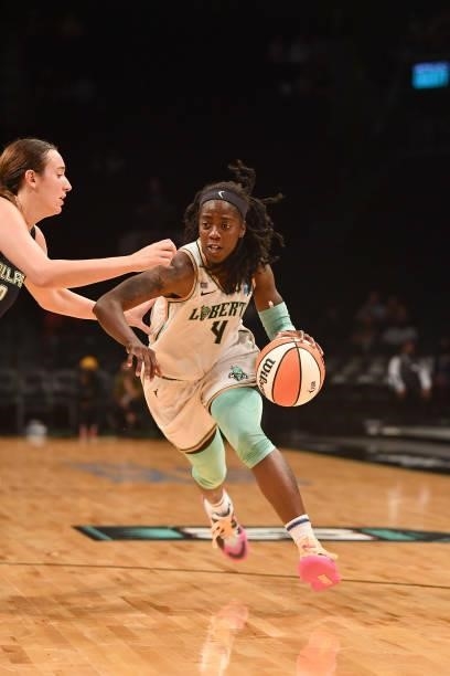 Jazmine Jones of the New York Liberty drives to the basket against the Dallas Wings on July 5, 2021 at the Barclays Center in Brooklyn, New York....