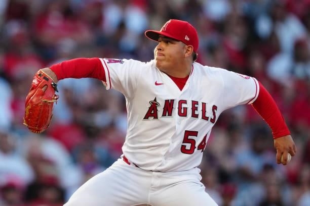 José Suarez of the Los Angeles Angels pitches during the game between the Boston Red Sox and the Los Angeles Angels at Angel Stadium on Monday, July...