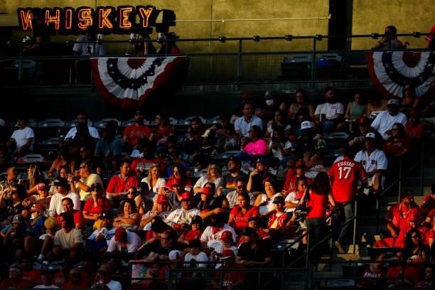 Fans are seen during the game between the Boston Red Sox and the Los Angeles Angels at Angel Stadium on Monday, July 5, 2021 in Anaheim, California.